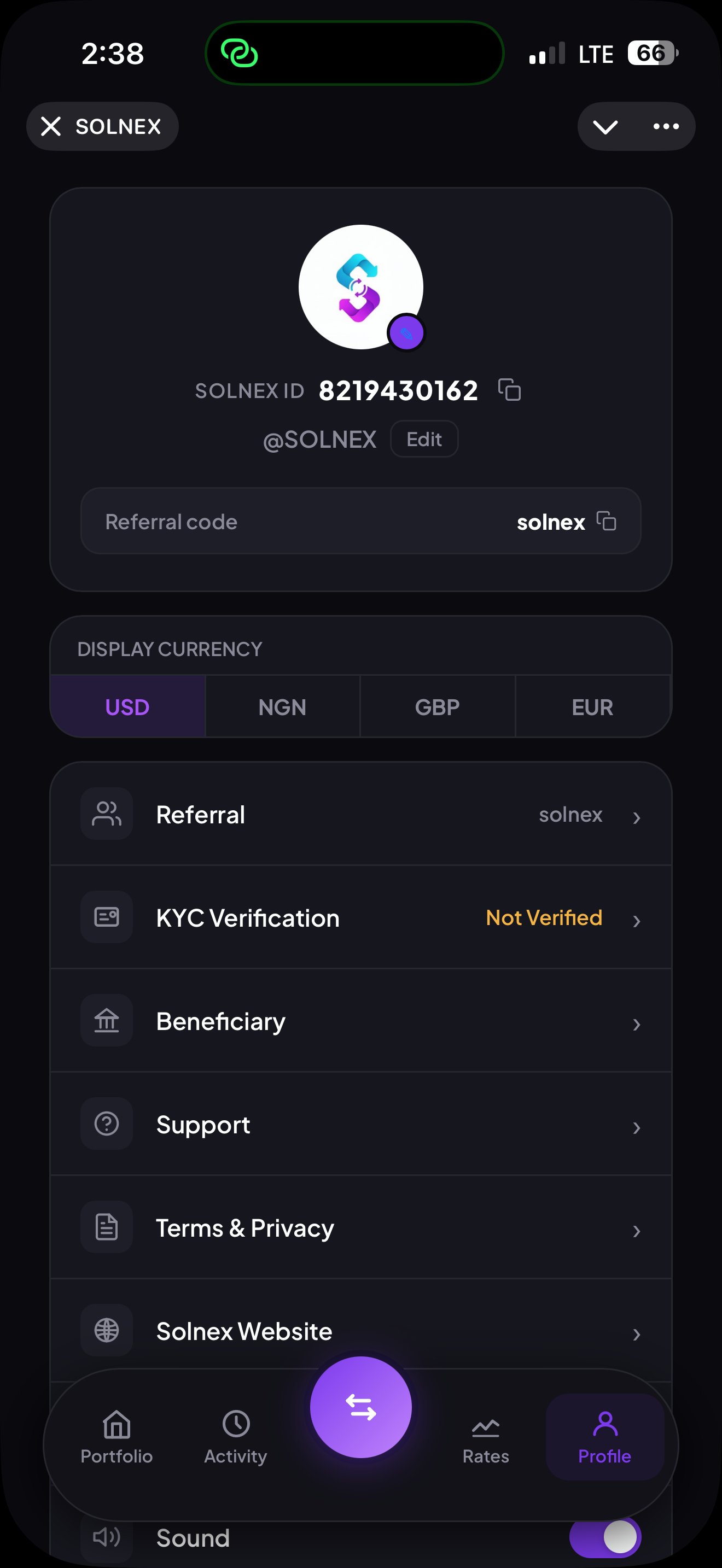 Profile screen